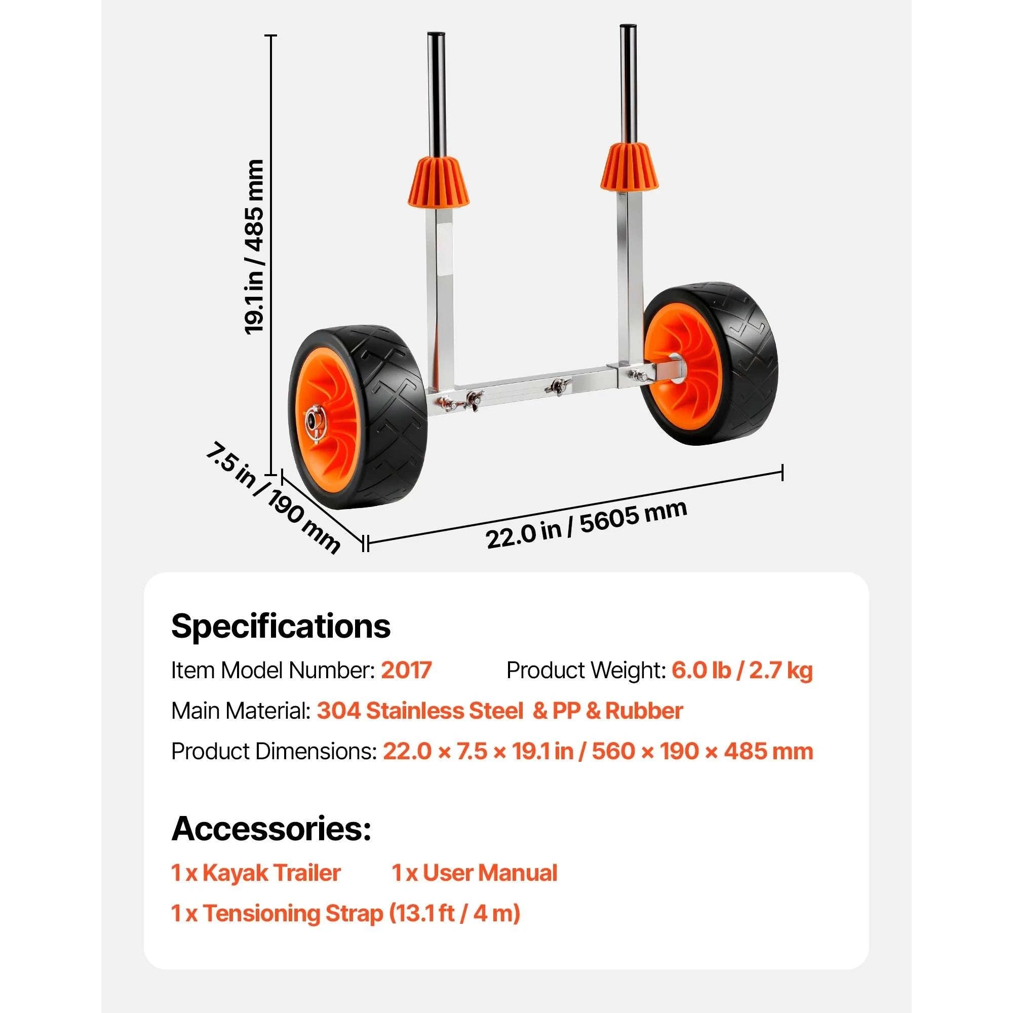 Kayak Cart Dolly 250 lbs with Solid Tires & Tie-Down Straps-250 lbs / United States