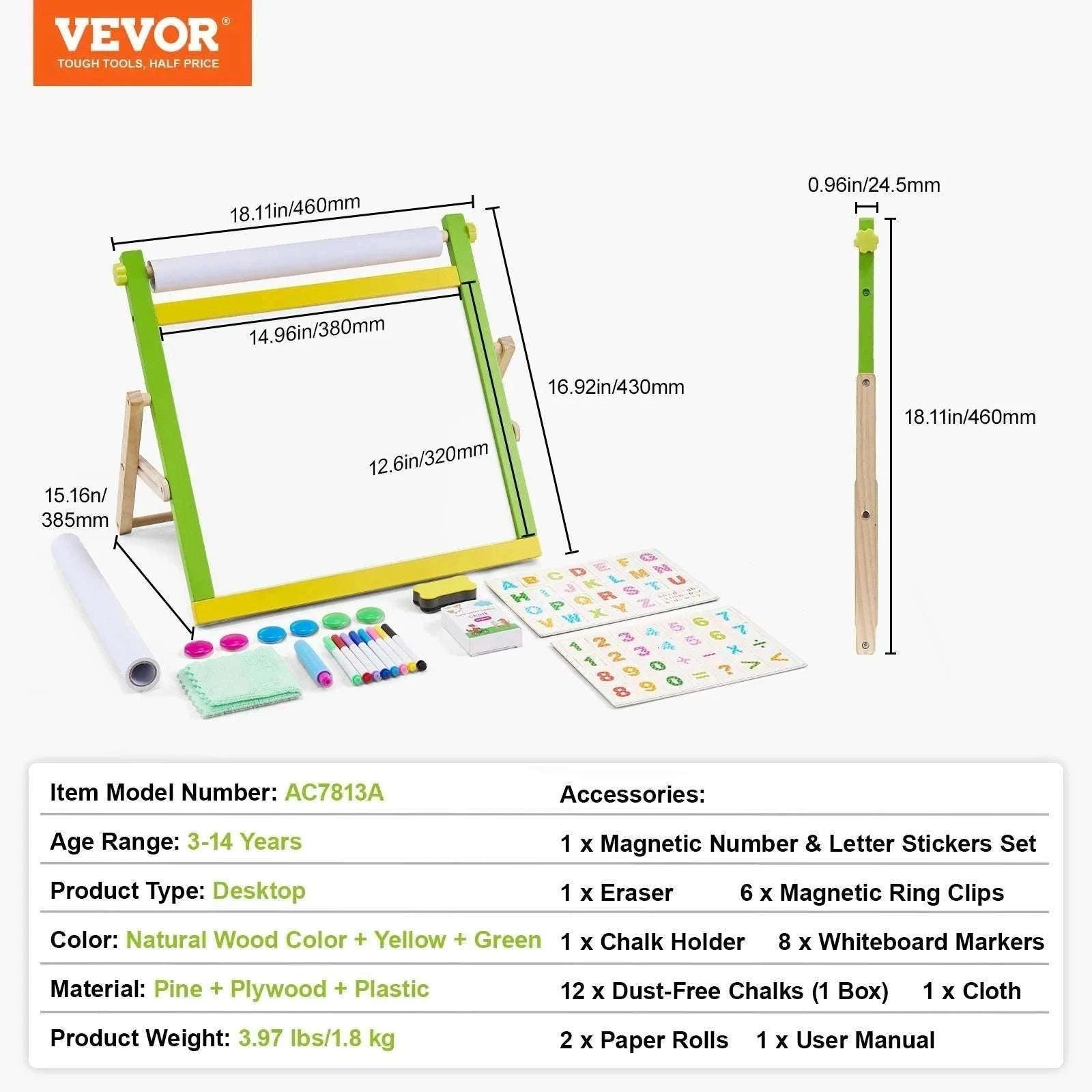 Kids 3-in-1 Double-Sided Magnetic Art Easel Drawing Board Set-