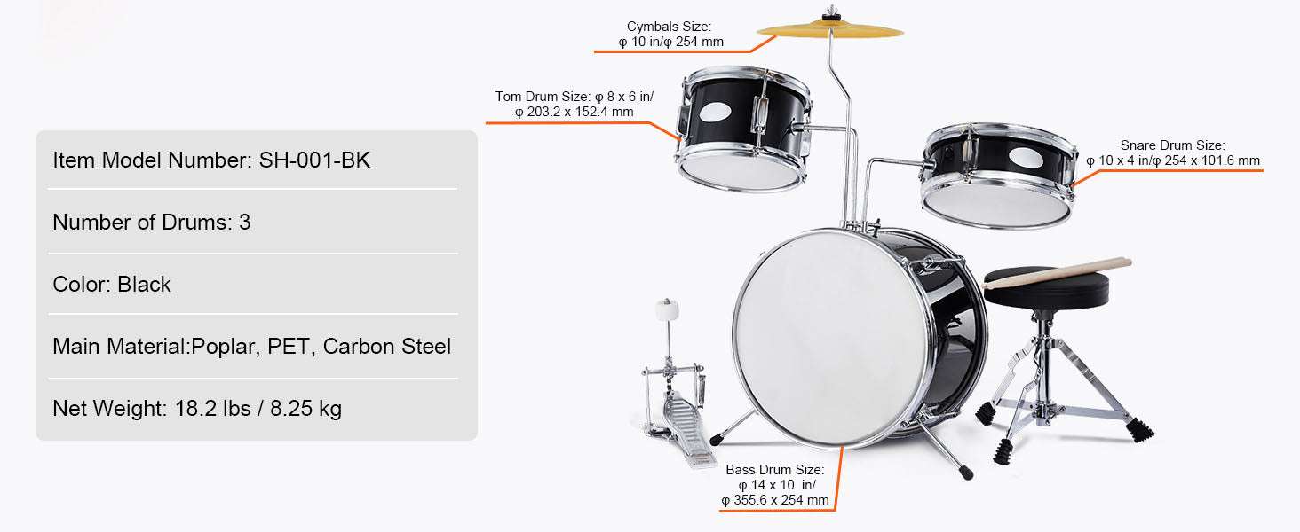Kids 3-Piece Drum Set with 14" Bass, Adjustable Throne & Cymbal-Blue / United States