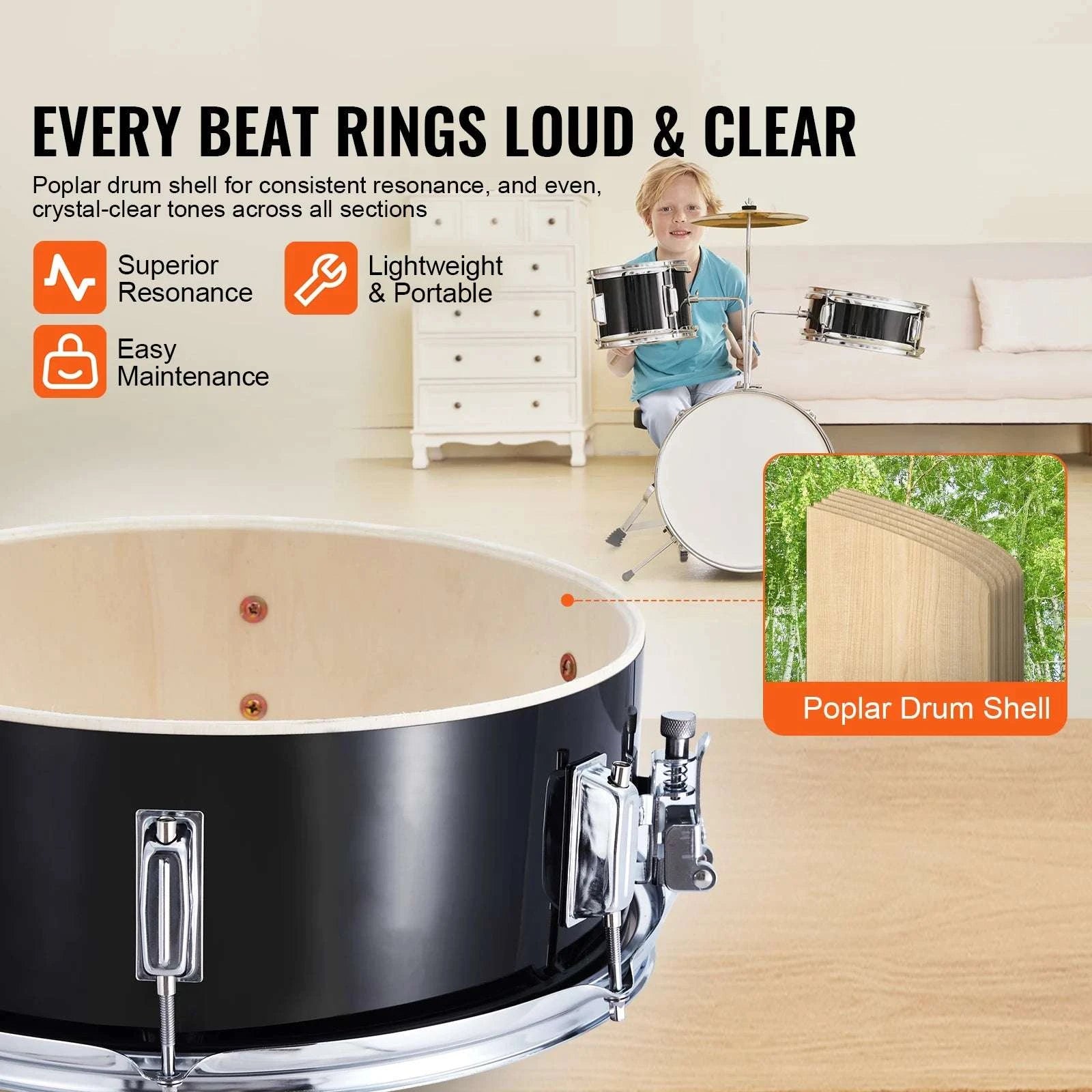 Kids 3-Piece Drum Set with 14" Bass, Adjustable Throne & Cymbal-Blue / United States