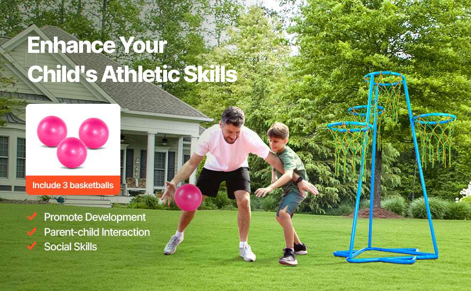 Kids 4-Hoop Basketball Stand with Adjustable Heights & 3 Balls-Blue / france