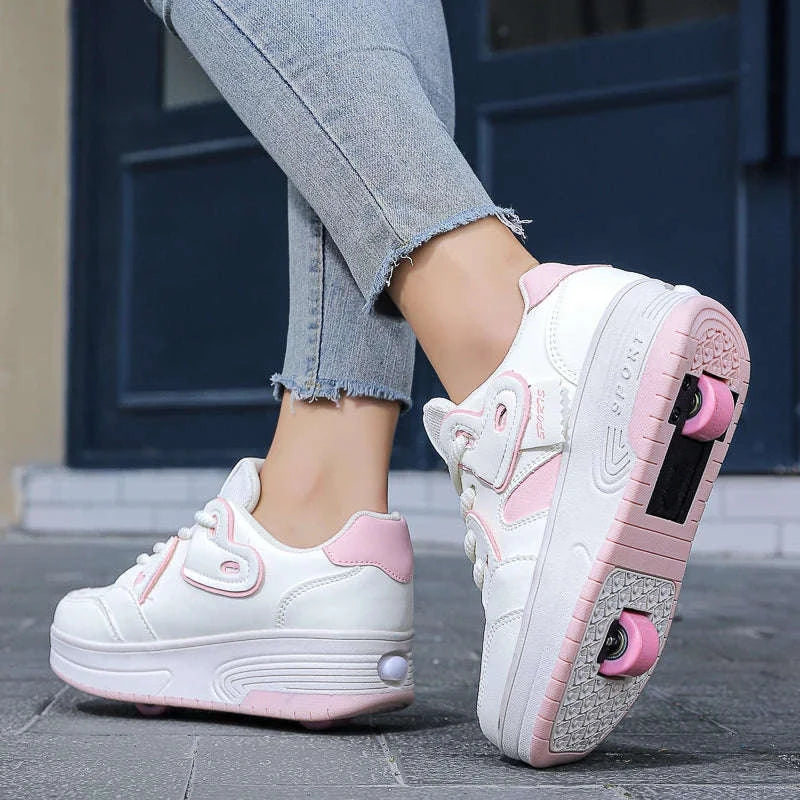 Kids Breathable Roller Shoes with Retractable Wheels Lace-Up Sneakers-CB-9918-baihei / 33