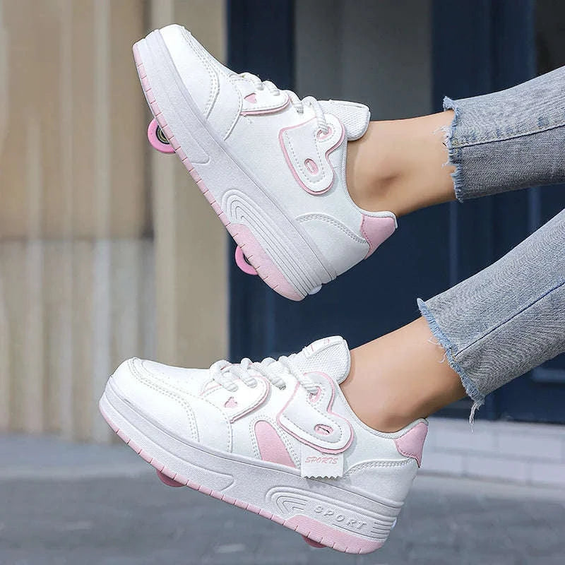 Kids Breathable Roller Shoes with Retractable Wheels Lace-Up Sneakers-CB-9918-baihei / 33