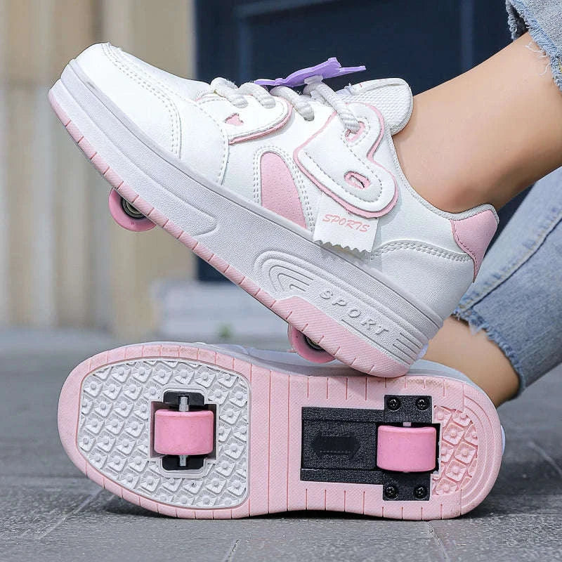 Kids Breathable Roller Shoes with Retractable Wheels Lace-Up Sneakers-CB-9918-baihei / 33
