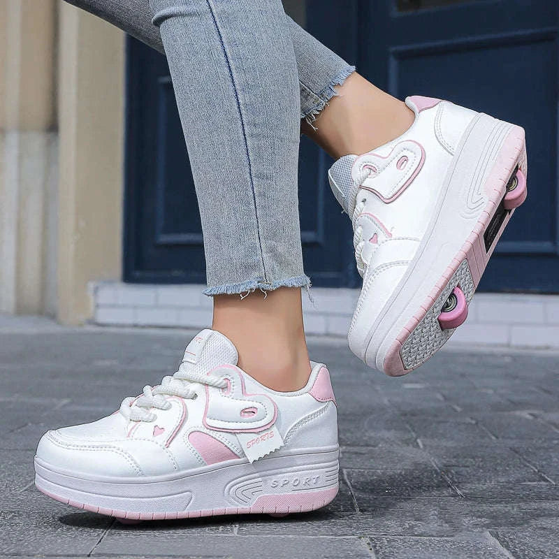 Kids Breathable Roller Shoes with Retractable Wheels Lace-Up Sneakers-CB-9918-baihei / 33