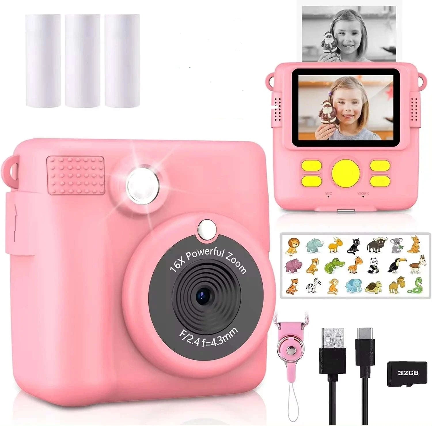 Kids Camera Instant Print with 1080P Video and 32GB Card-ABS681-Blue 32G