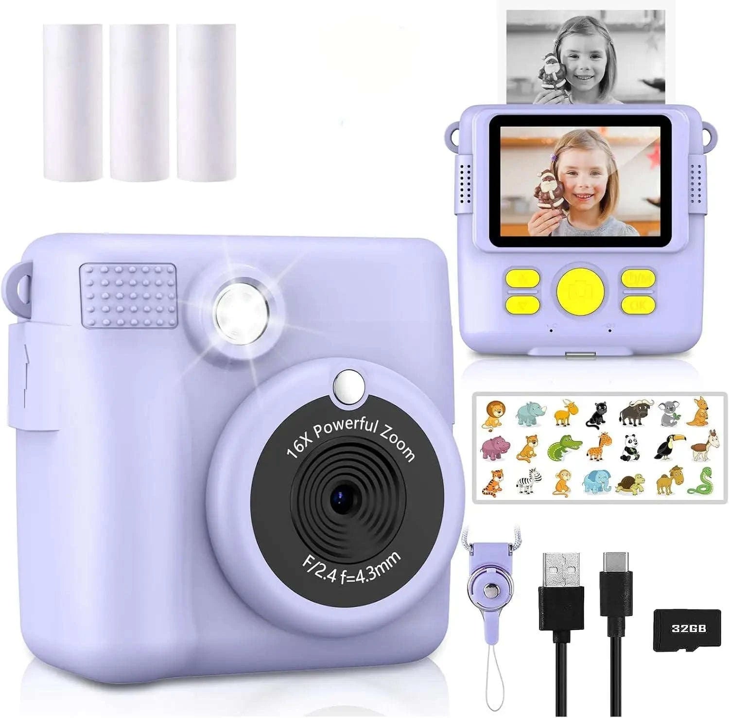 Kids Camera Instant Print with 1080P Video and 32GB Card-ABS681-Blue 32G