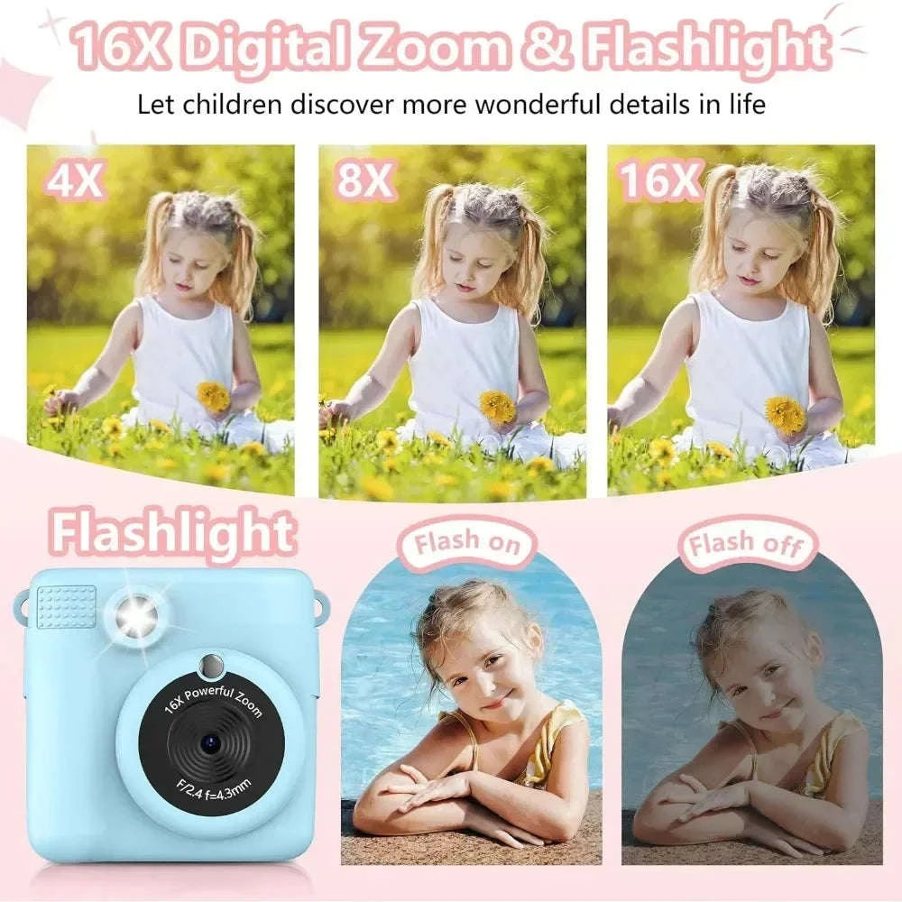 Kids Camera Instant Print with 1080P Video and 32GB Card-ABS681-Blue 32G