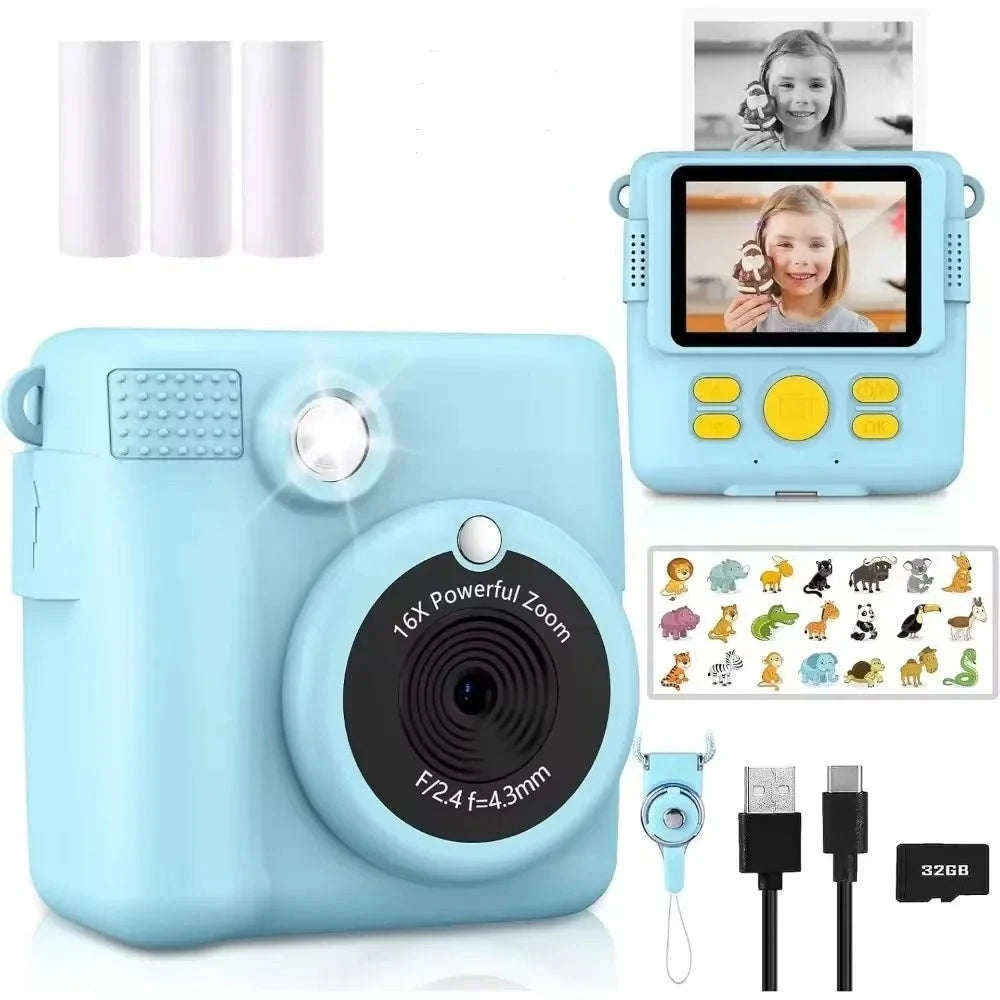 Kids Camera Instant Print with 1080P Video and 32GB Card-ABS681-Blue 32G