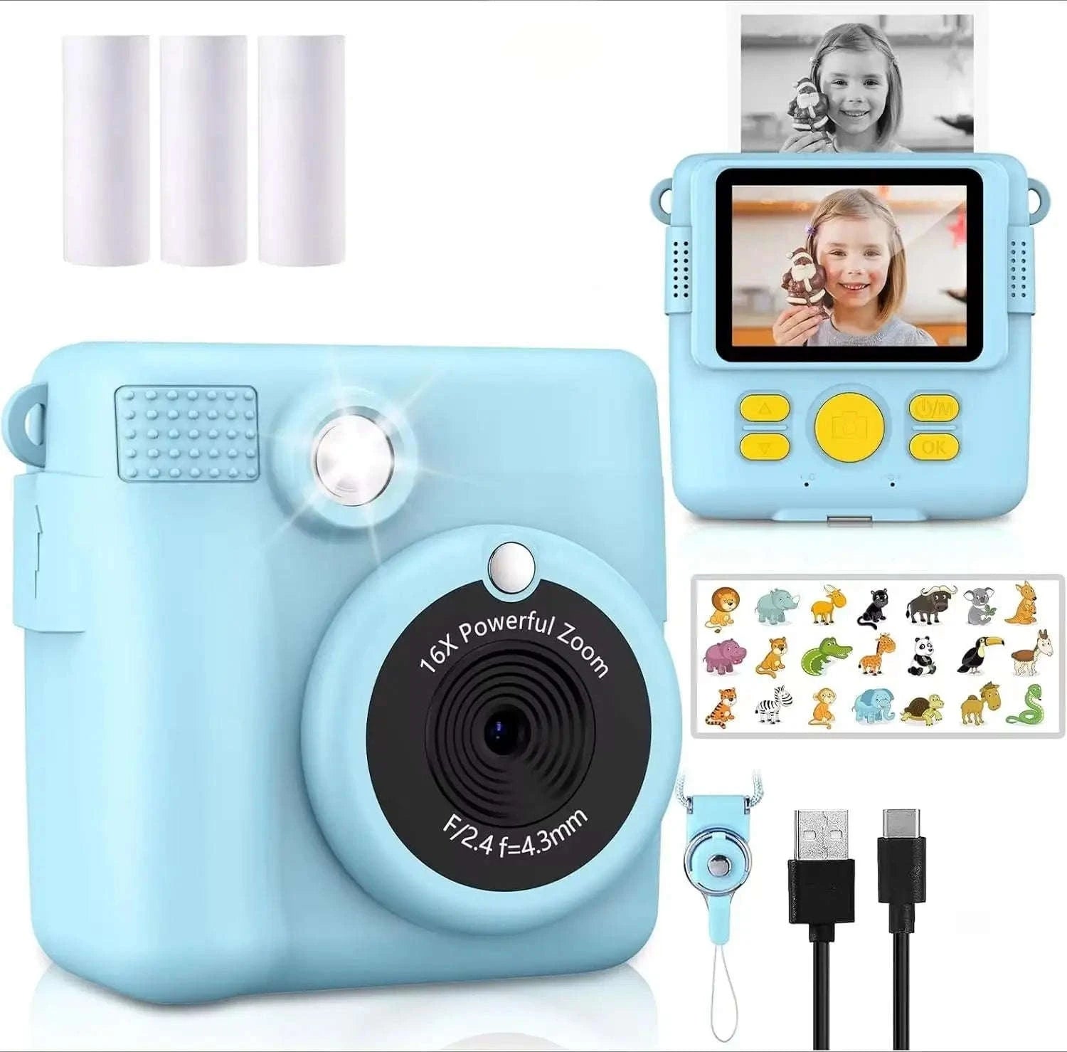 Kids Camera Instant Print with 1080P Video and 32GB Card-ABS681-Blue 32G
