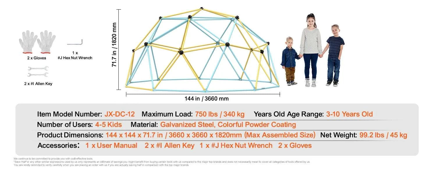 Kids Climbing Dome Jungle Gym with Swing & Hammock (6–12FT)-12FT Type A / france