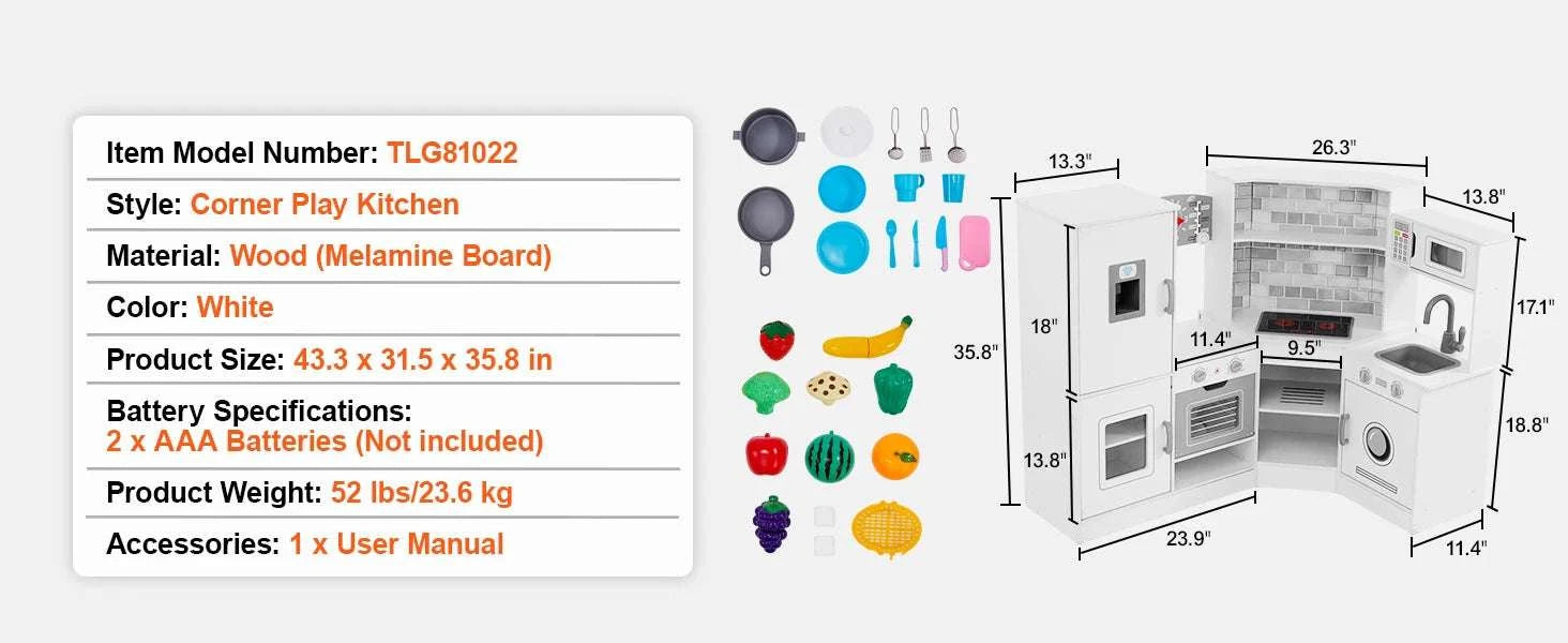 Kids Corner Kitchen Playset with Lights & Sounds and 24 Accessories-white / United States