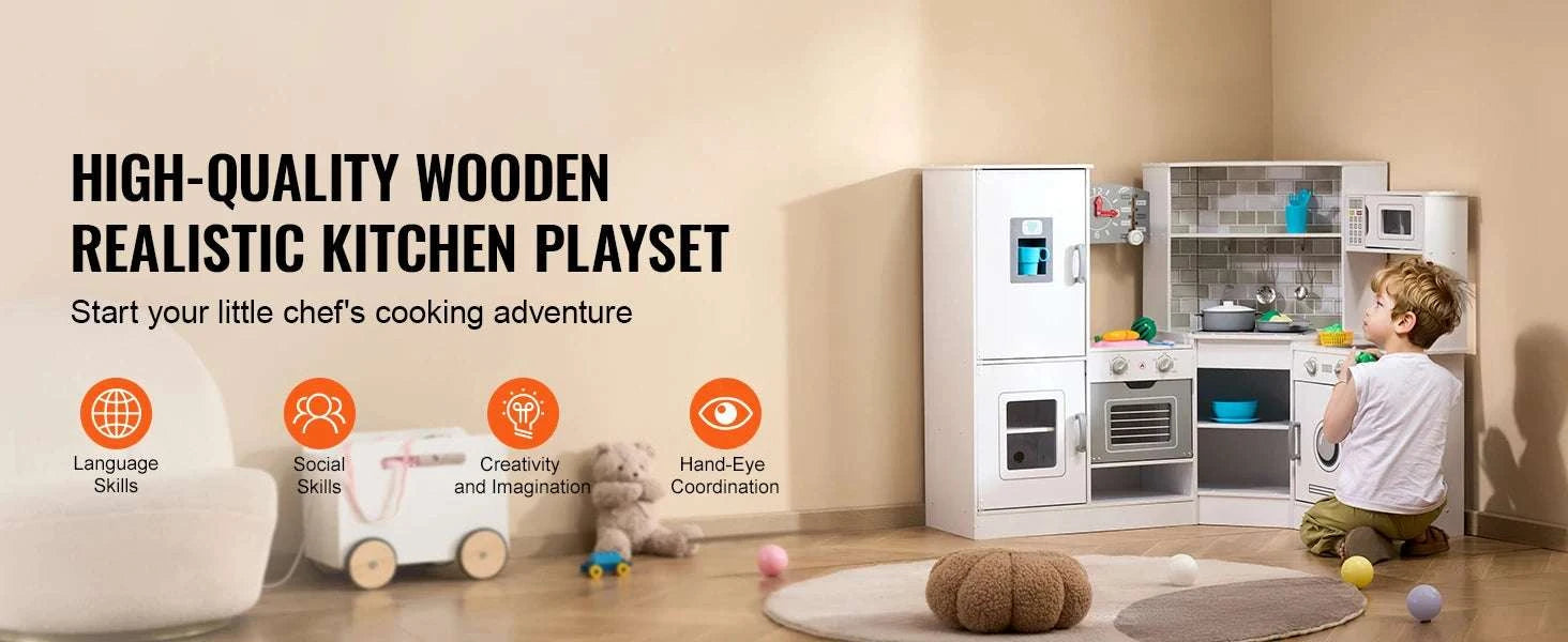 Kids Corner Kitchen Playset with Lights & Sounds and 24 Accessories-white / United States