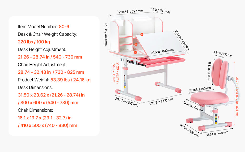 Ensemble bureau d'étude et chaise réglables pour enfants avec lampe et rangement