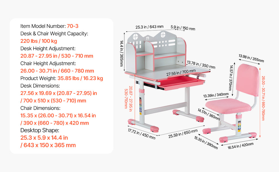 Ensemble bureau d'étude et chaise réglables pour enfants avec lampe et rangement