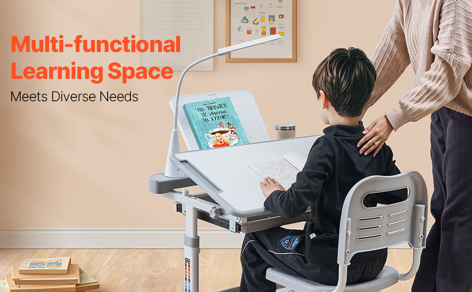 Ensemble bureau d'étude et chaise réglables pour enfants avec lampe et rangement
