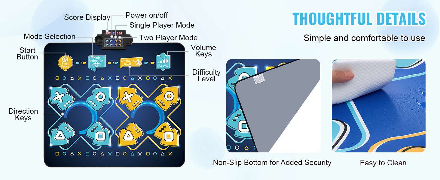 Kids Electronic Dance Mat with 8 Buttons, Music & 2 Player Modes-Blue / United States