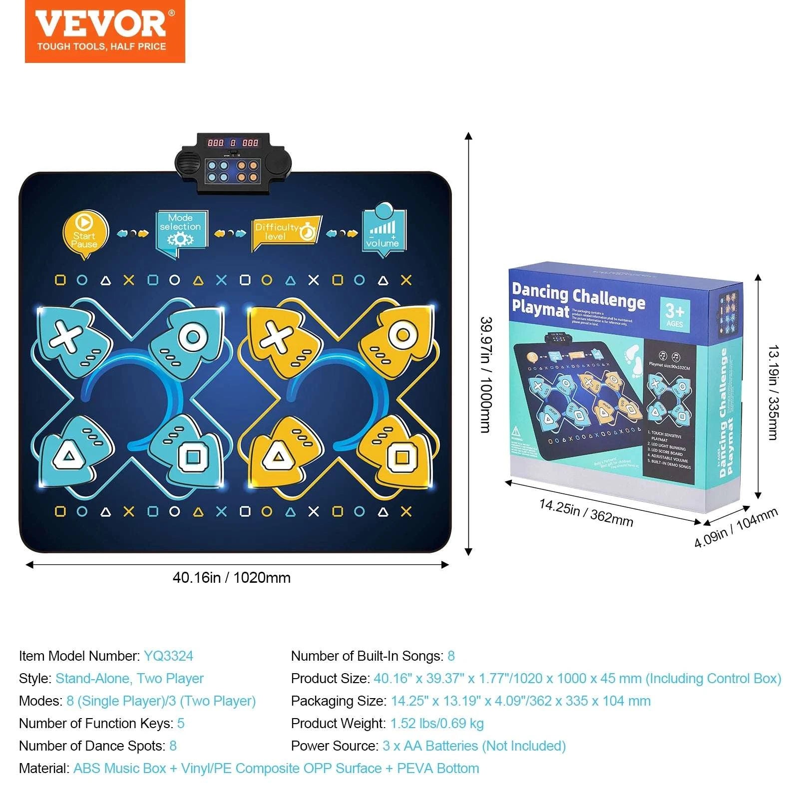 Kids Electronic Dance Mat with 8 Buttons, Music & 2 Player Modes-Blue / United States