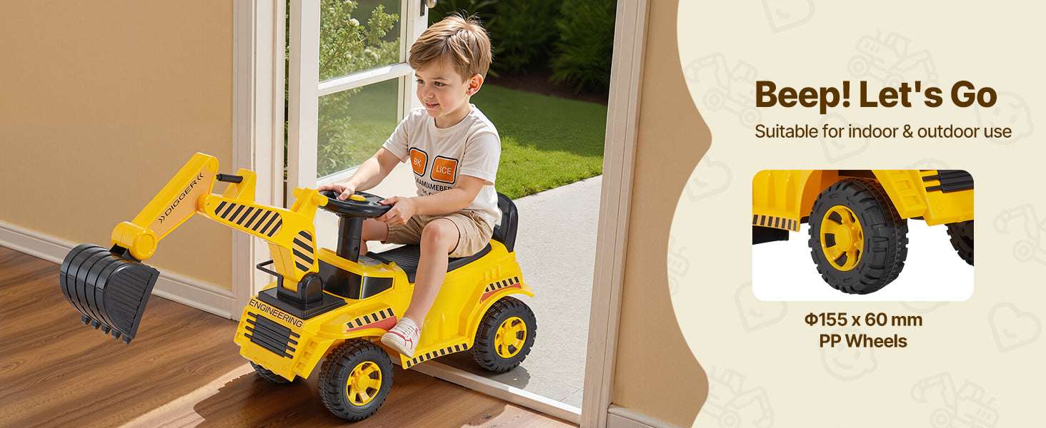 Kids Excavator Ride-On Toy with Music & Helmet Push Car-Yellow / United States
