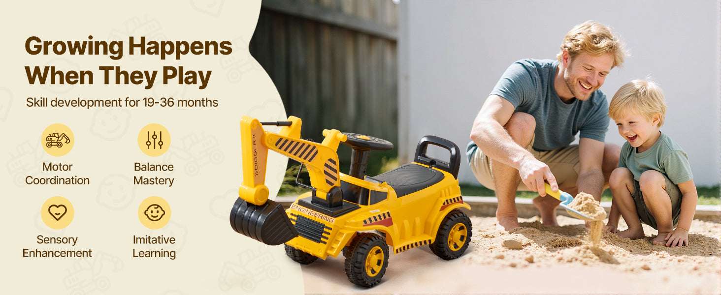 Kids Excavator Ride-On Toy with Music & Helmet Push Car-Yellow / United States