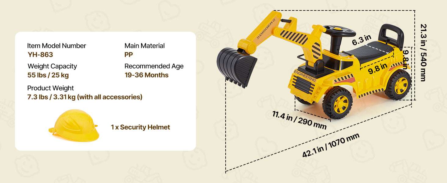 Kids Excavator Ride-On Toy with Music & Helmet Push Car-Yellow / United States