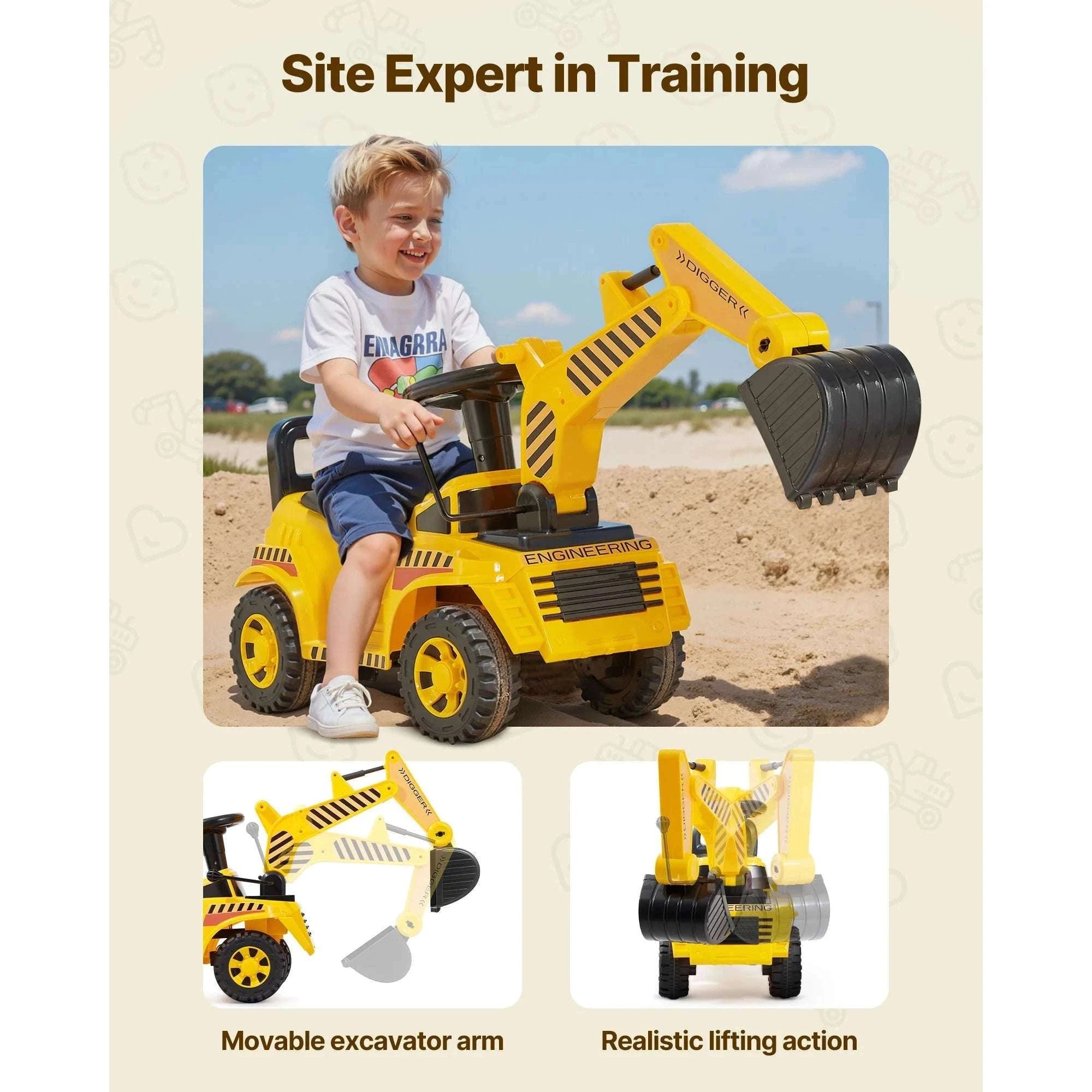 Kids Excavator Ride-On Toy with Music & Helmet Push Car-Yellow / United States