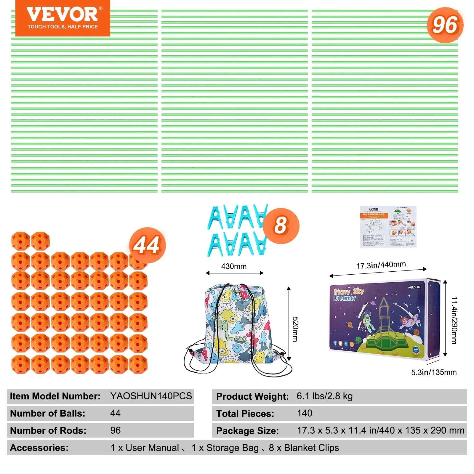 Kids Fort Building Kit with Glow Rods – 140 Piece DIY Play Set-140pcs / United States