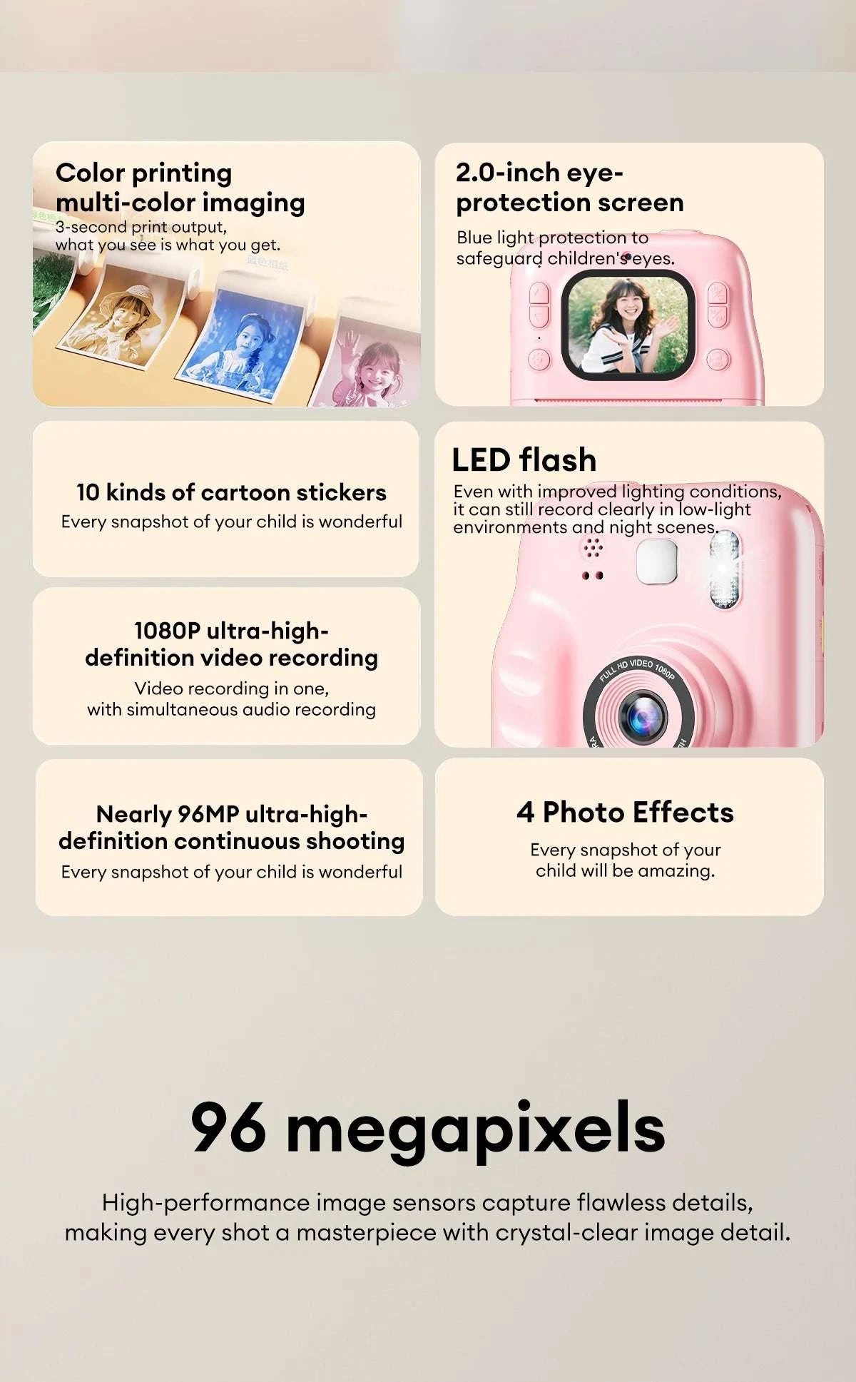 Kids Instant Print Camera 1080P Dual Lens with 32GB Card-Pink