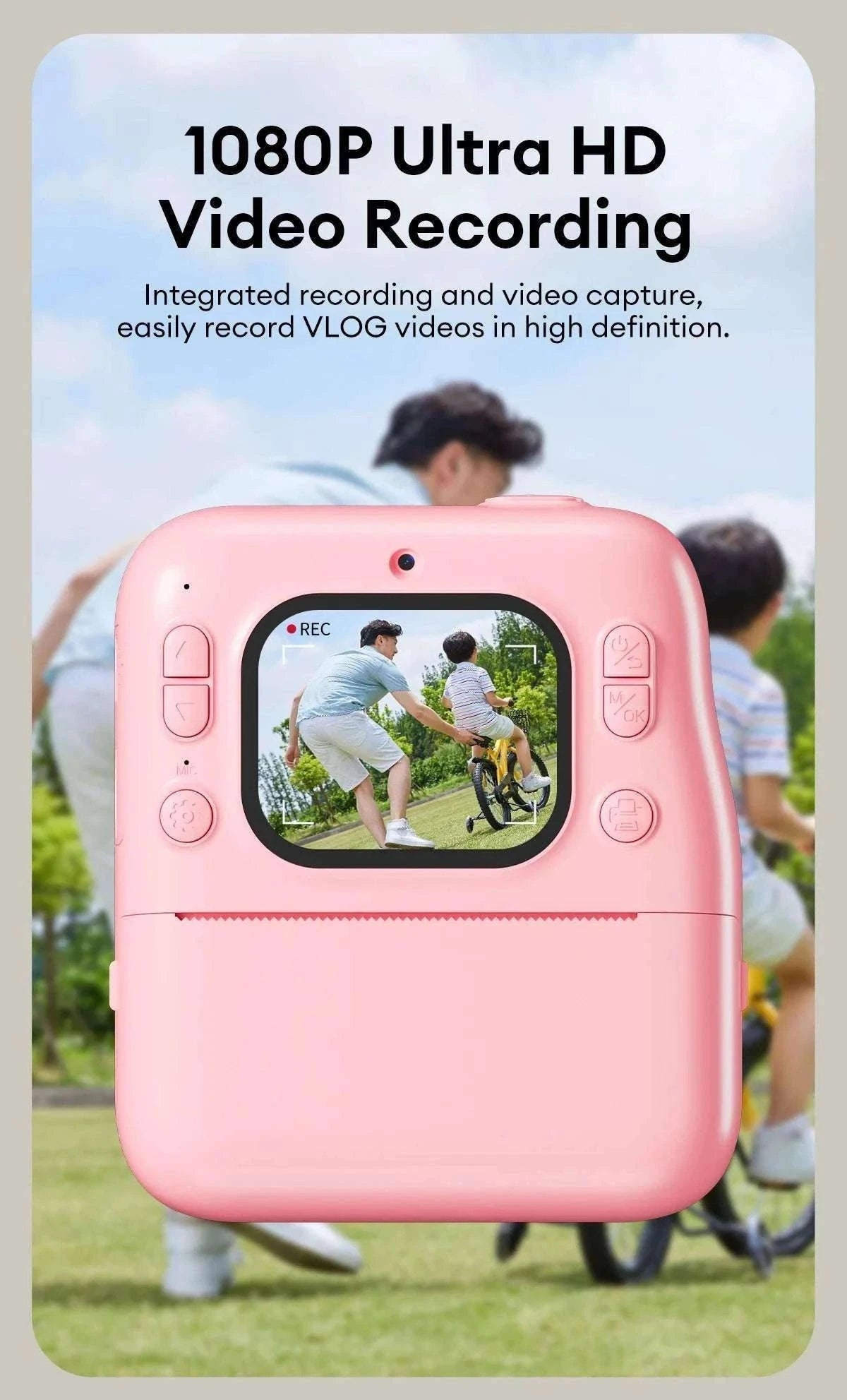 Kids Instant Print Camera 1080P Dual Lens with 32GB Card-Pink