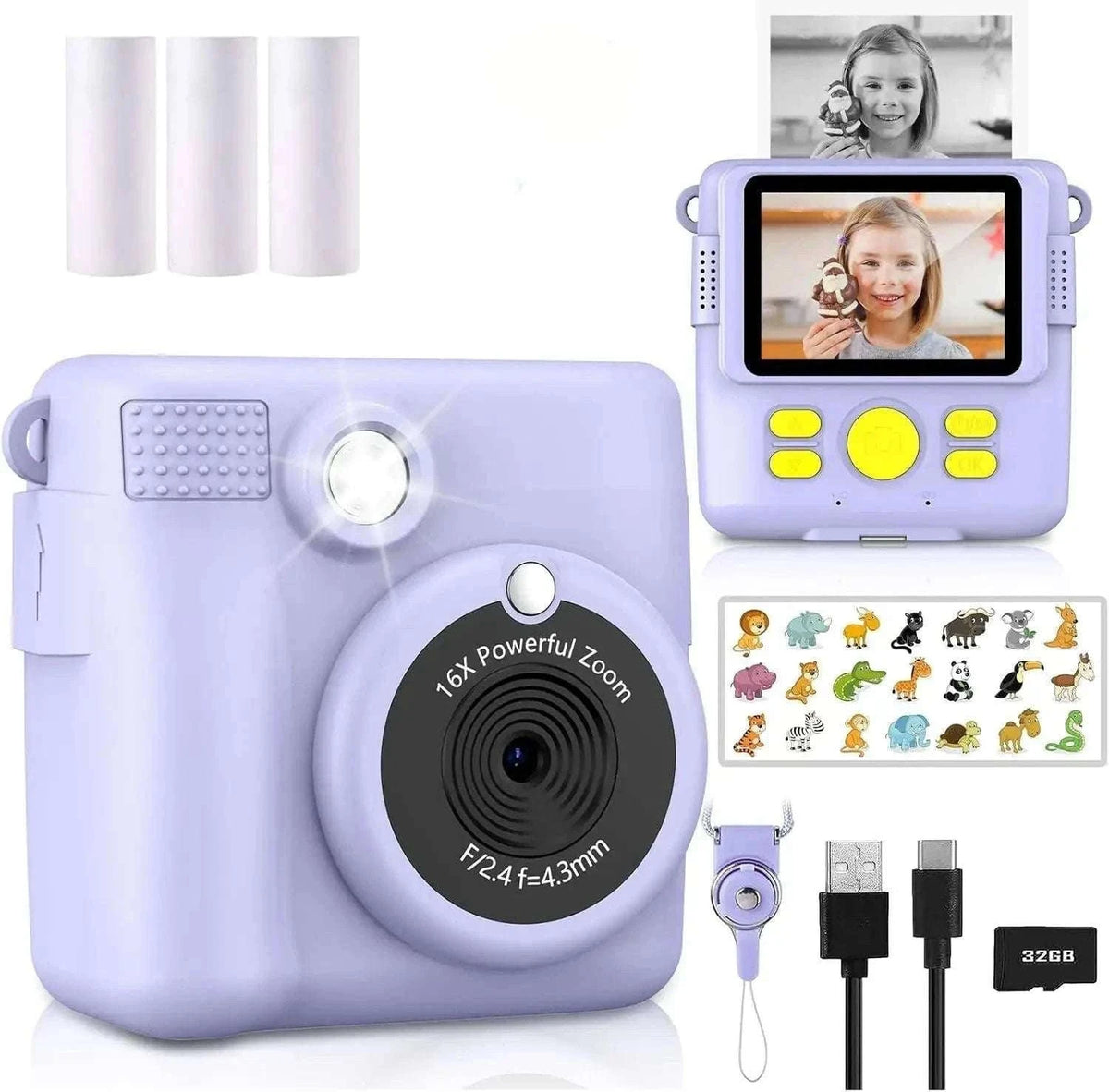 Kids Instant Print Camera with 1080P Video and 32GB Card-ABS681-Blue 32G