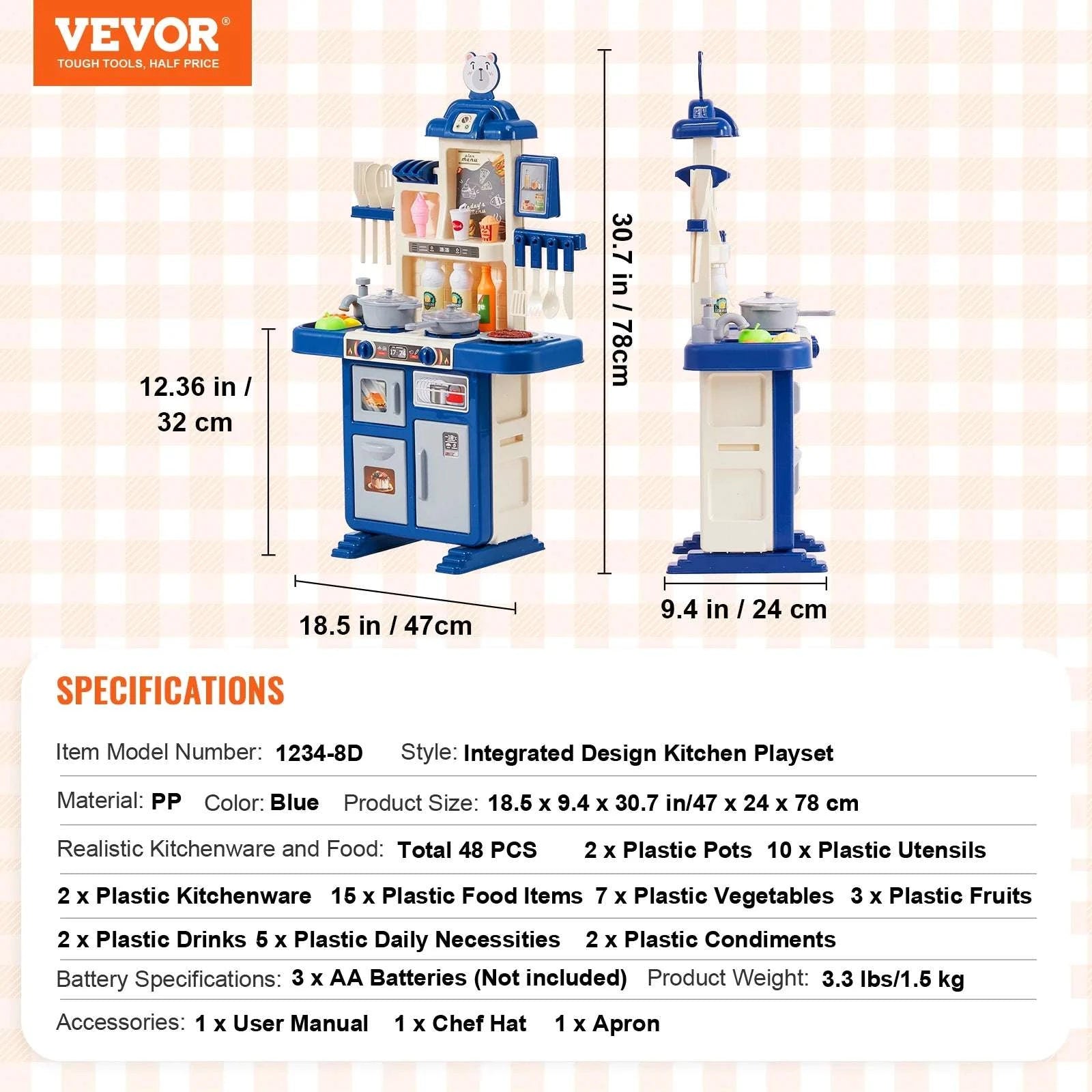 Kids Kitchen Playset 48PCS Pretend Cooking Toy with Lights & Water Sink-blue / United States