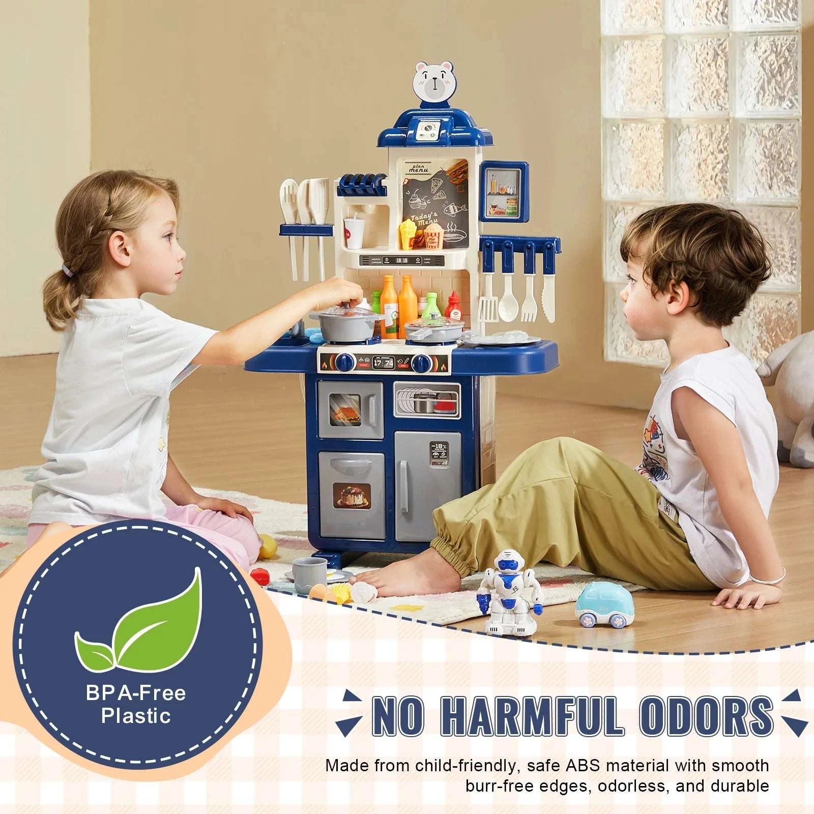 Kids Kitchen Playset 48PCS Pretend Cooking Toy with Lights & Water Sink-blue / United States