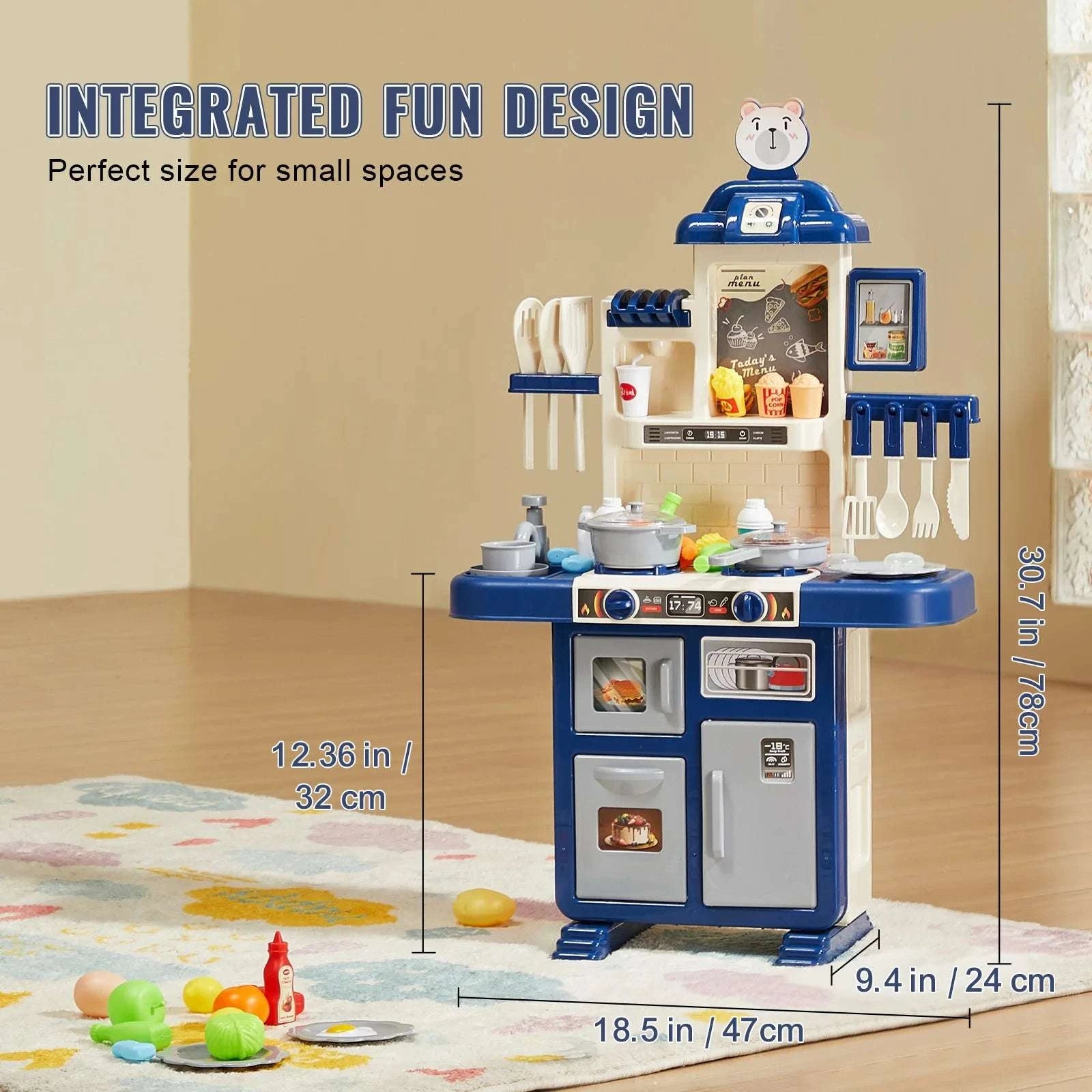 Kids Kitchen Playset 48PCS Pretend Cooking Toy with Lights & Water Sink-blue / United States