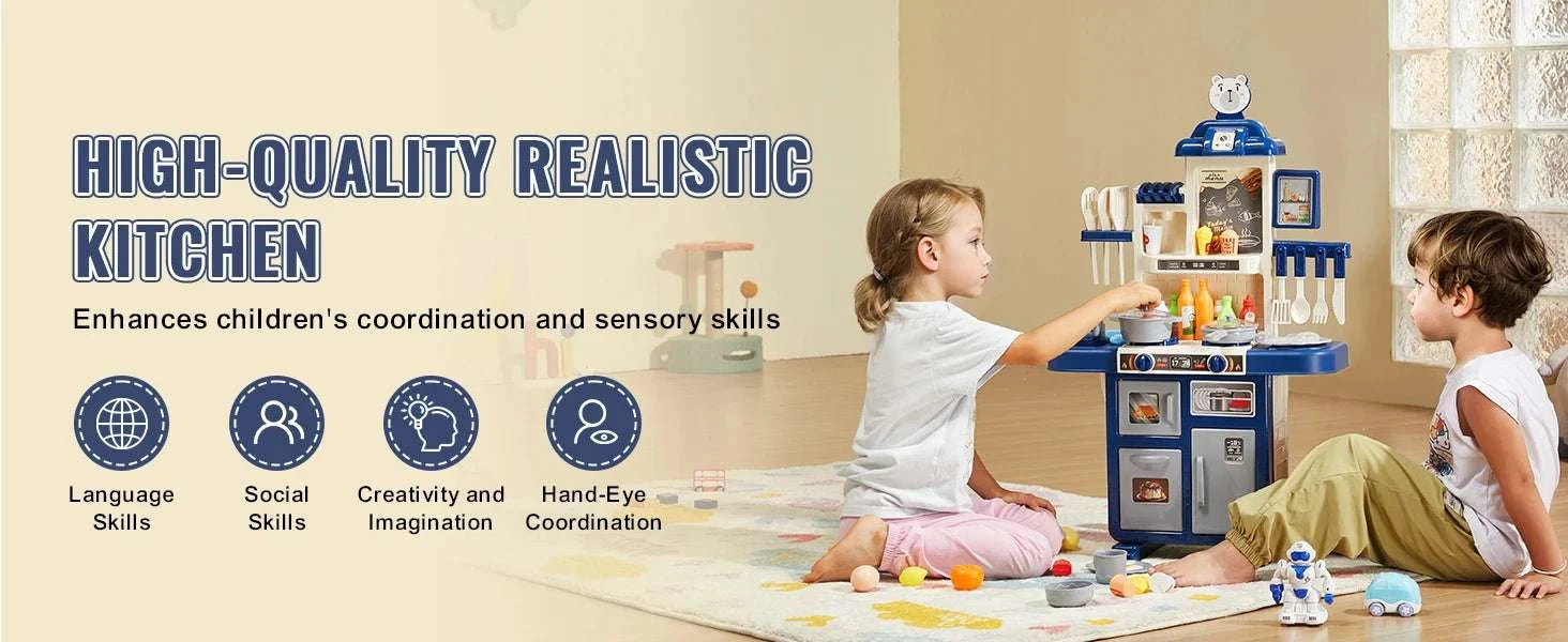 Kids Kitchen Playset 48PCS Pretend Cooking Toy with Lights & Water Sink-blue / United States