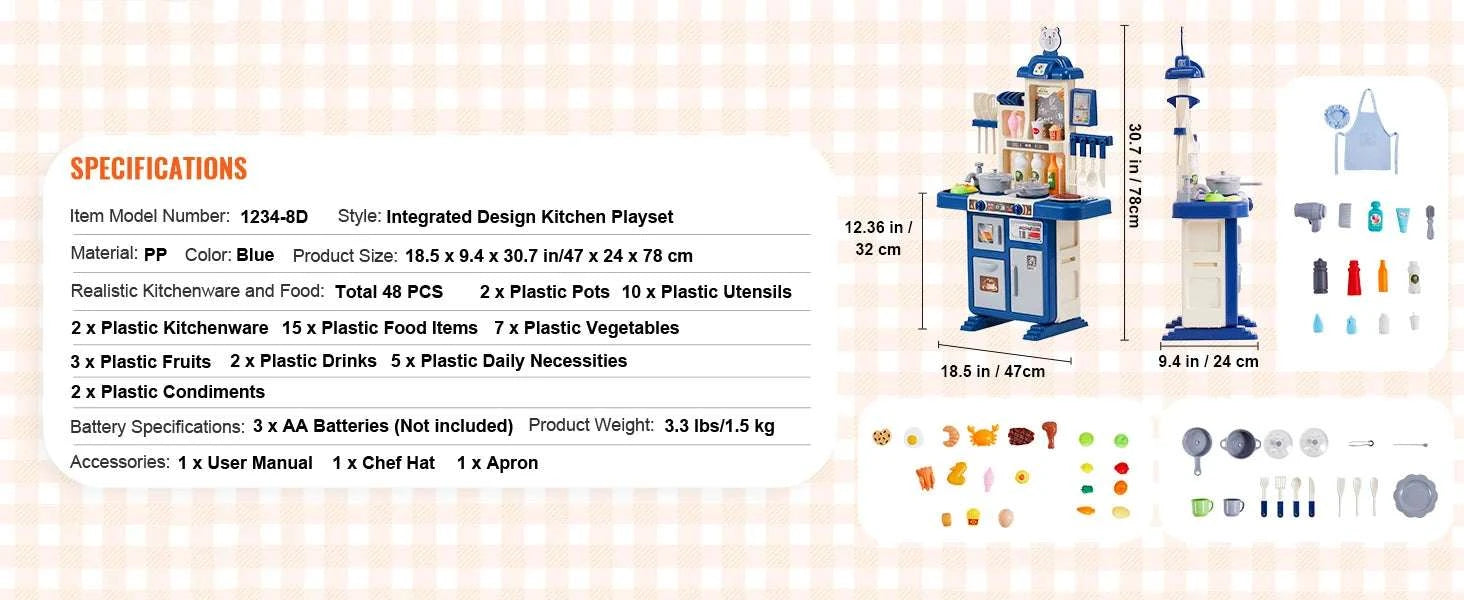 Kids Kitchen Playset 48PCS Pretend Cooking Toy with Lights & Water Sink-blue / United States