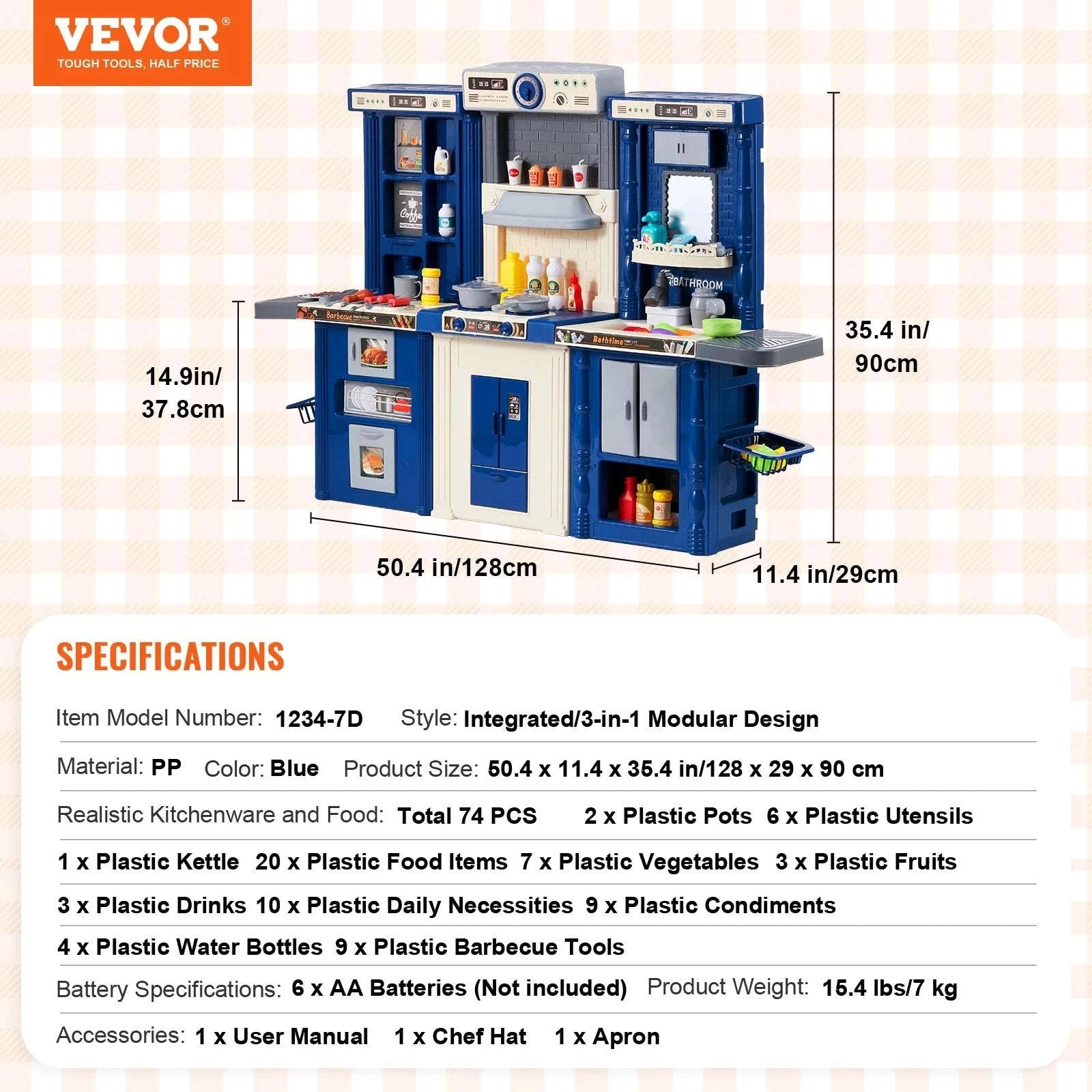 Kids Kitchen Playset 74PCS with Lights & Sounds 3-in-1 Chef Toy Set-Blue / United States