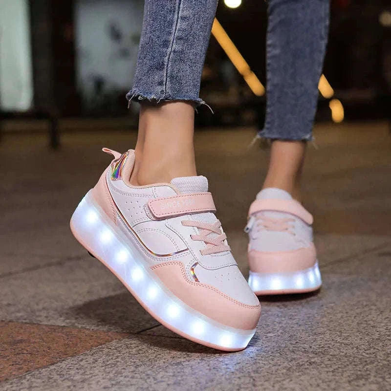 Kids LED Roller Skate Shoes with 4 Wheels Light Up Sneakers-LB-2988-White / 30