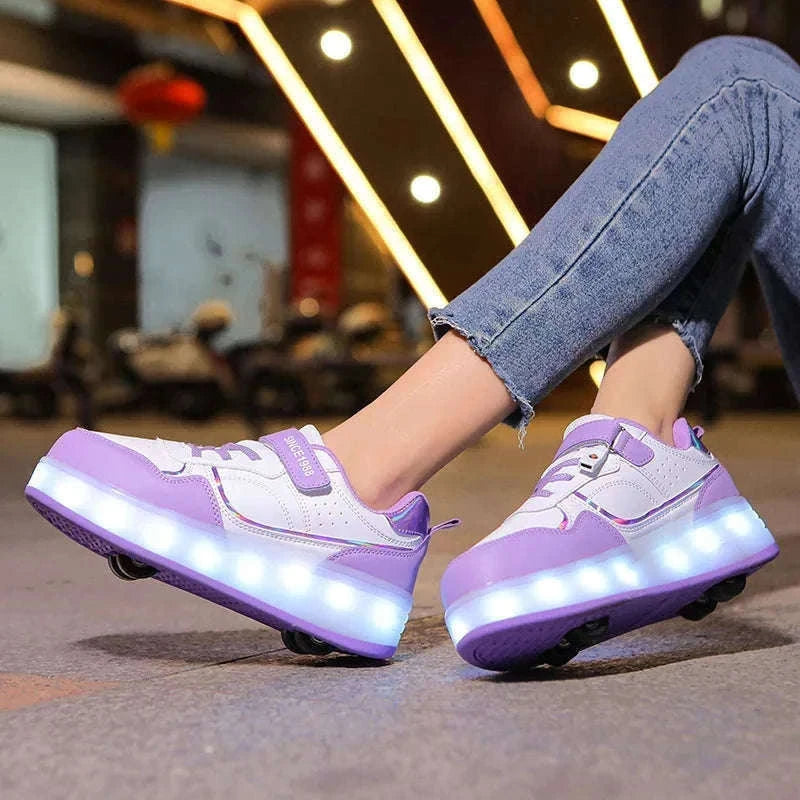 Kids LED Roller Skate Shoes with 4 Wheels Light Up Sneakers-LB-2988-White / 30