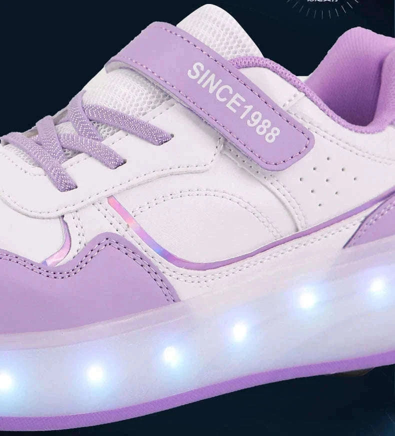 Kids LED Roller Skate Shoes with 4 Wheels Light Up Sneakers-LB-2988-White / 30