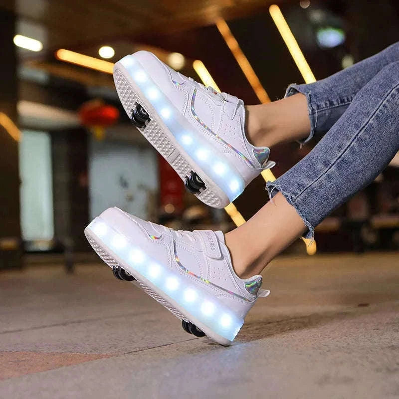 Kids LED Roller Skate Shoes with 4 Wheels Light Up Sneakers-LB-2988-White / 30