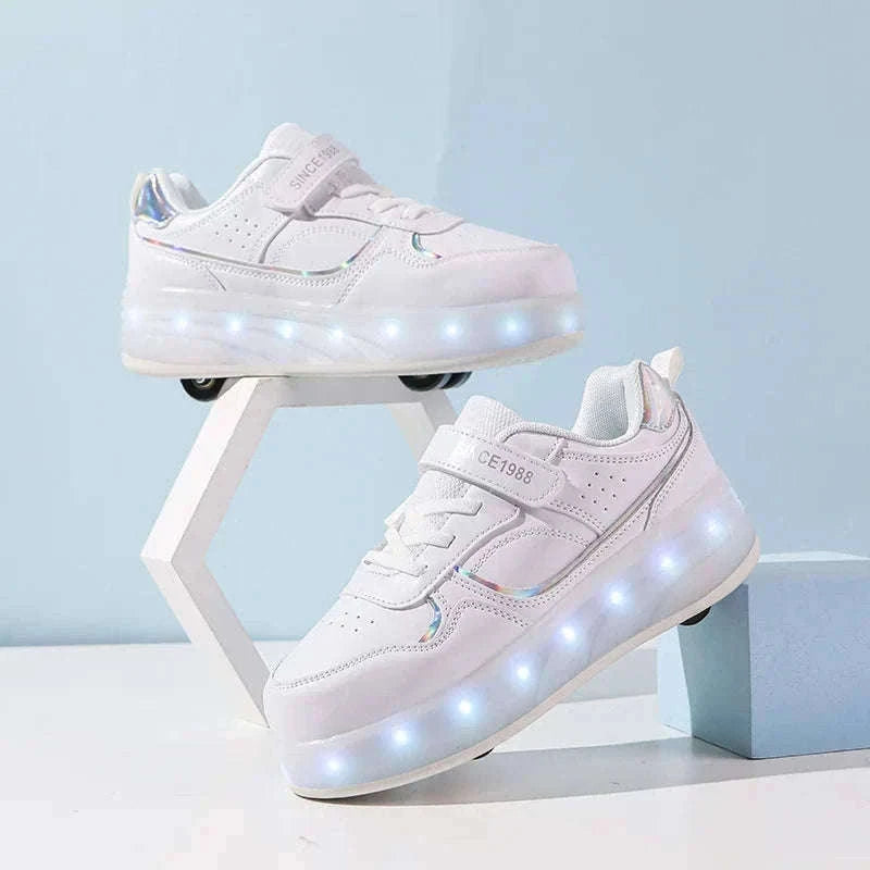 Kids LED Roller Skate Shoes with 4 Wheels Light Up Sneakers-LB-2988-White / 30