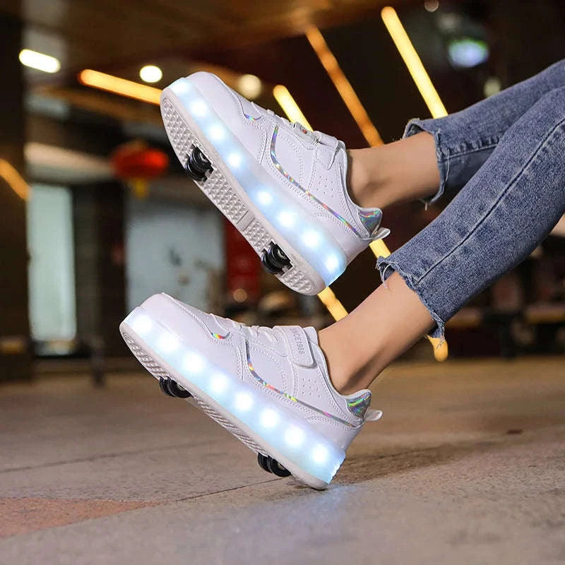 Kids LED Roller Skate Shoes with 4 Wheels Light Up Sneakers-LB-2988-White / 32