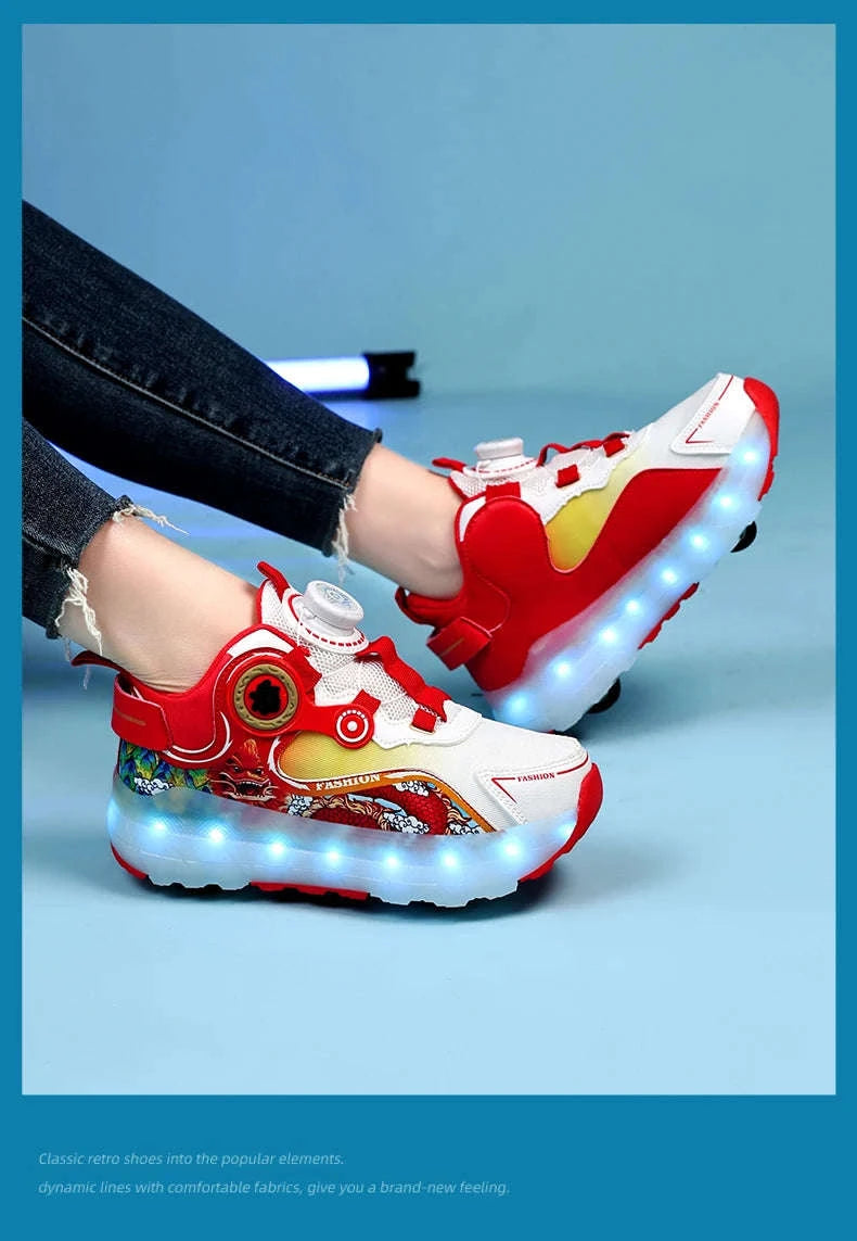 Kids LED Roller Sneakers with Luminous Lights and Hidden Wheels-YQ-188-Red / 29