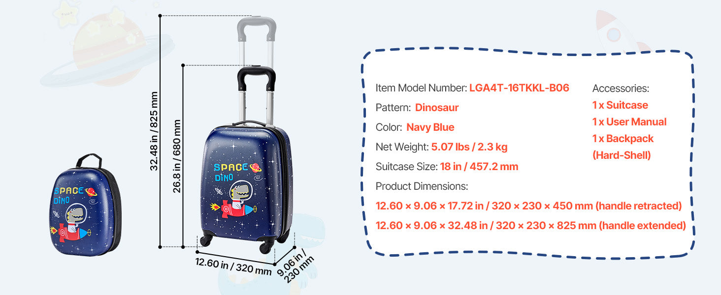 SucceBuy 2pcs Kids Luggage Set with Backpack 18in Rolling Wheels Suitcase Kids Carry on Luggage for Girls & Boys Travel Suitcase