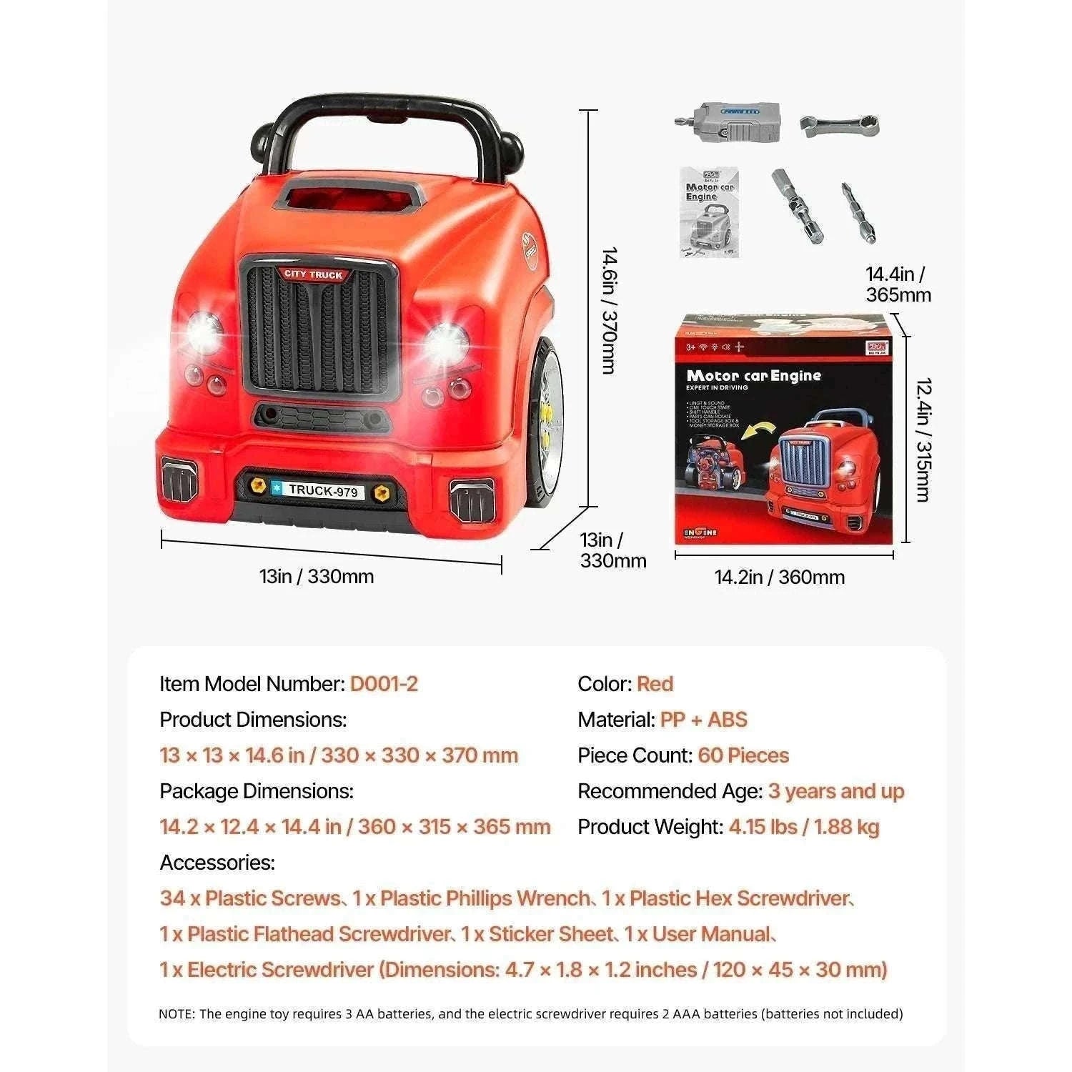 Kids Mechanic Truck Engine Toy Set with Tools, Lights & Sounds (60pcs)-Red / france