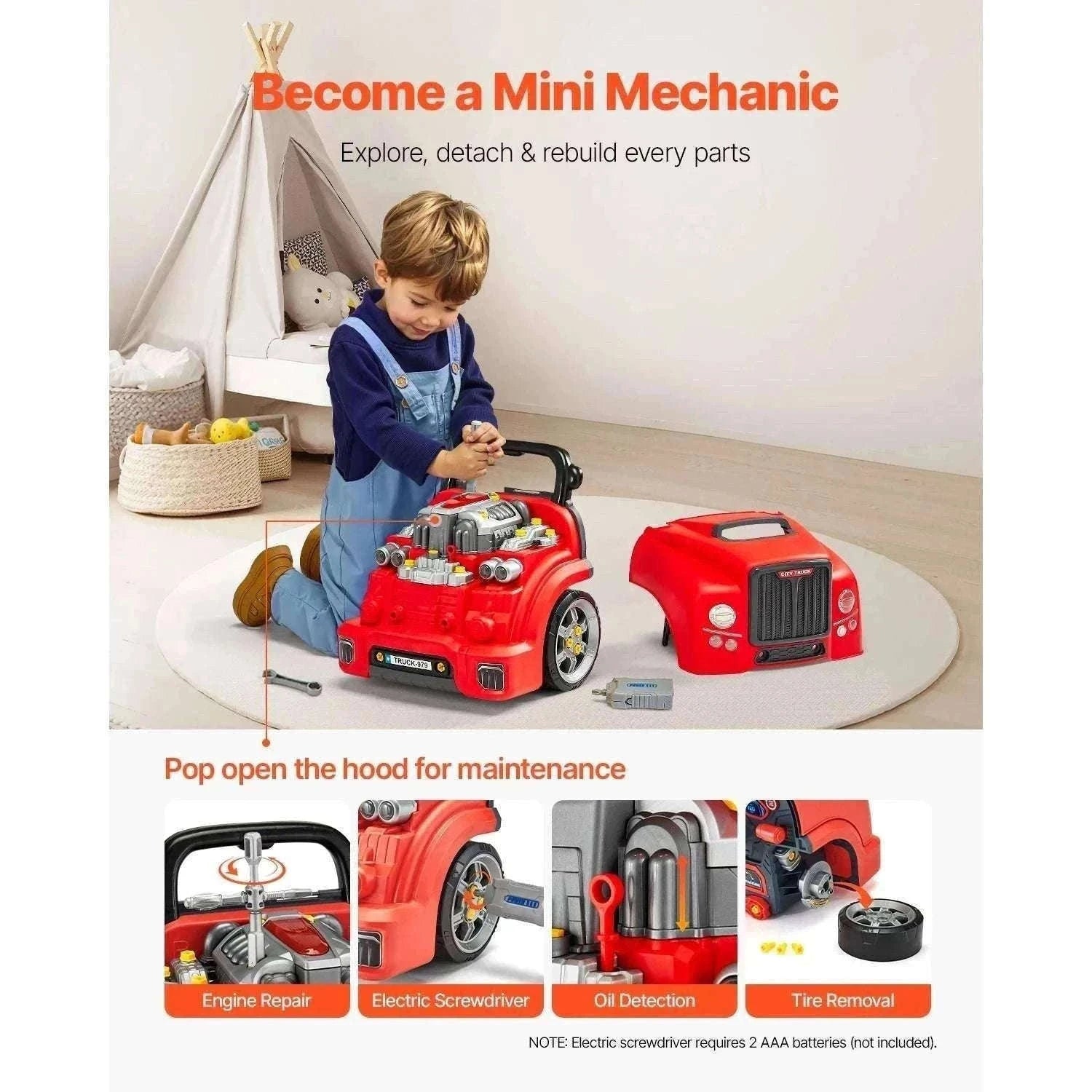 Kids Mechanic Truck Engine Toy Set with Tools, Lights & Sounds (60pcs)-Red / france