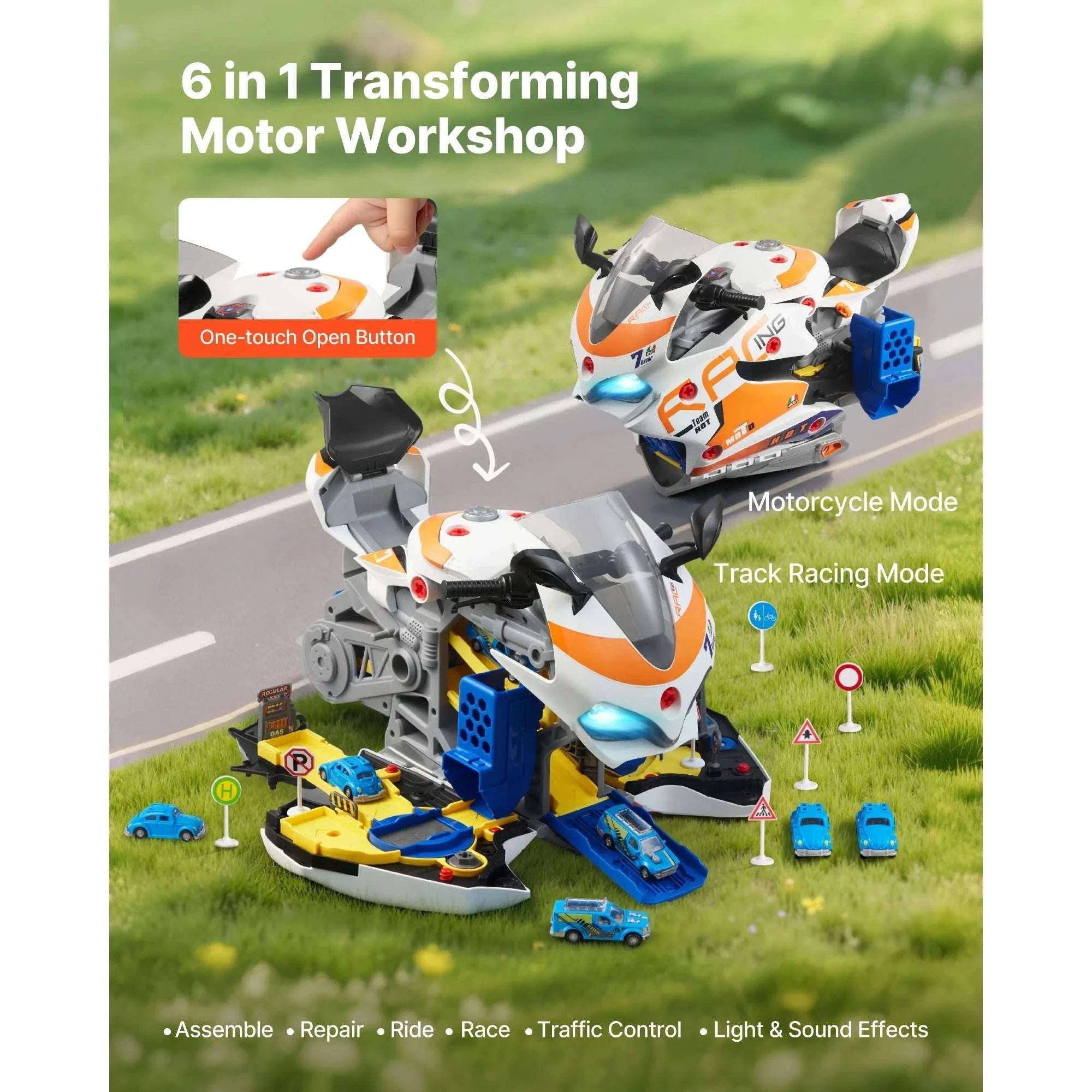 Kids Motorcycle Engine Toy Set with Lights, Sounds & 25 Pieces-Yellow / United States