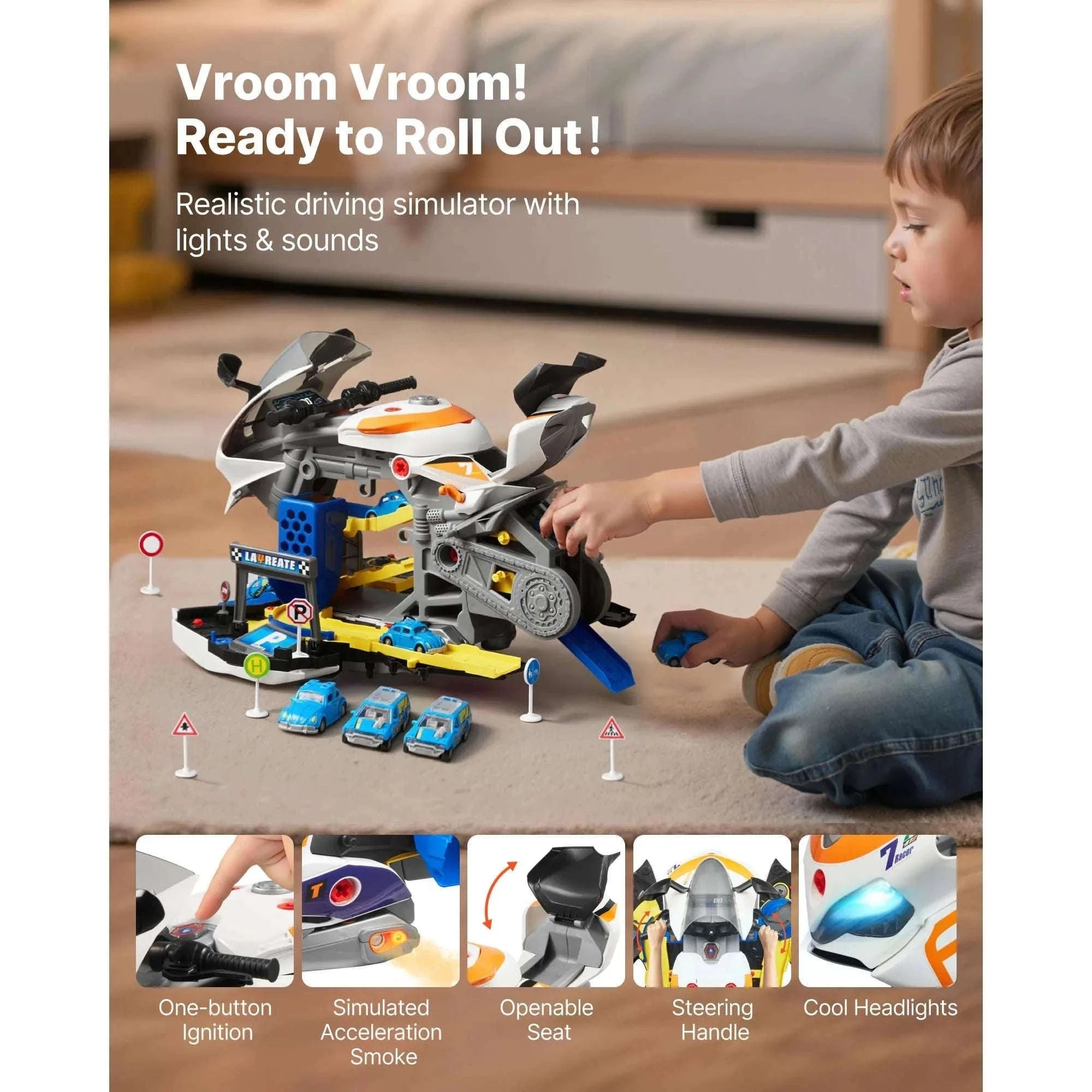 Kids Motorcycle Engine Toy Set with Lights, Sounds & 25 Pieces-Yellow / United States