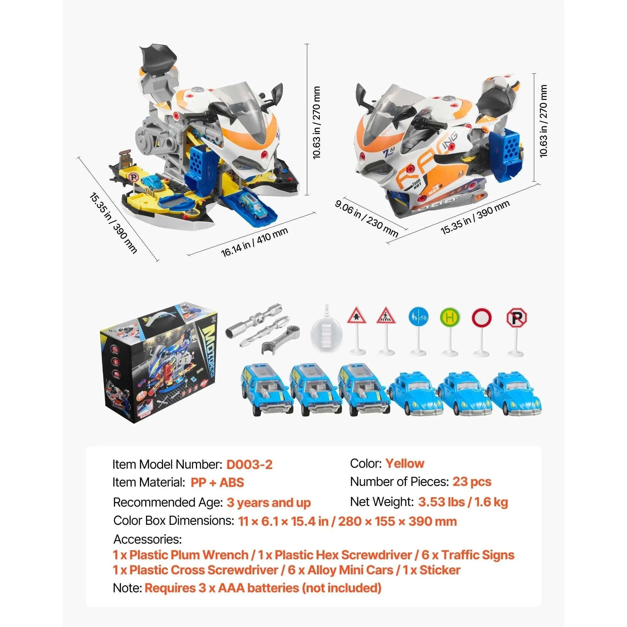 Kids Motorcycle Engine Toy Set with Lights, Sounds & 25 Pieces-Yellow / United States