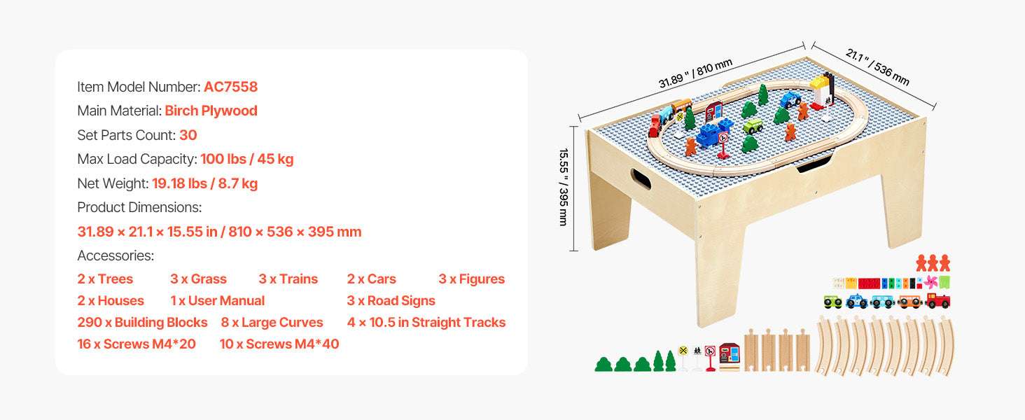 Kids Multi-Activity Play Table Set with 320 Pieces & Train Tracks-30.5x21.6x15.7in / United States